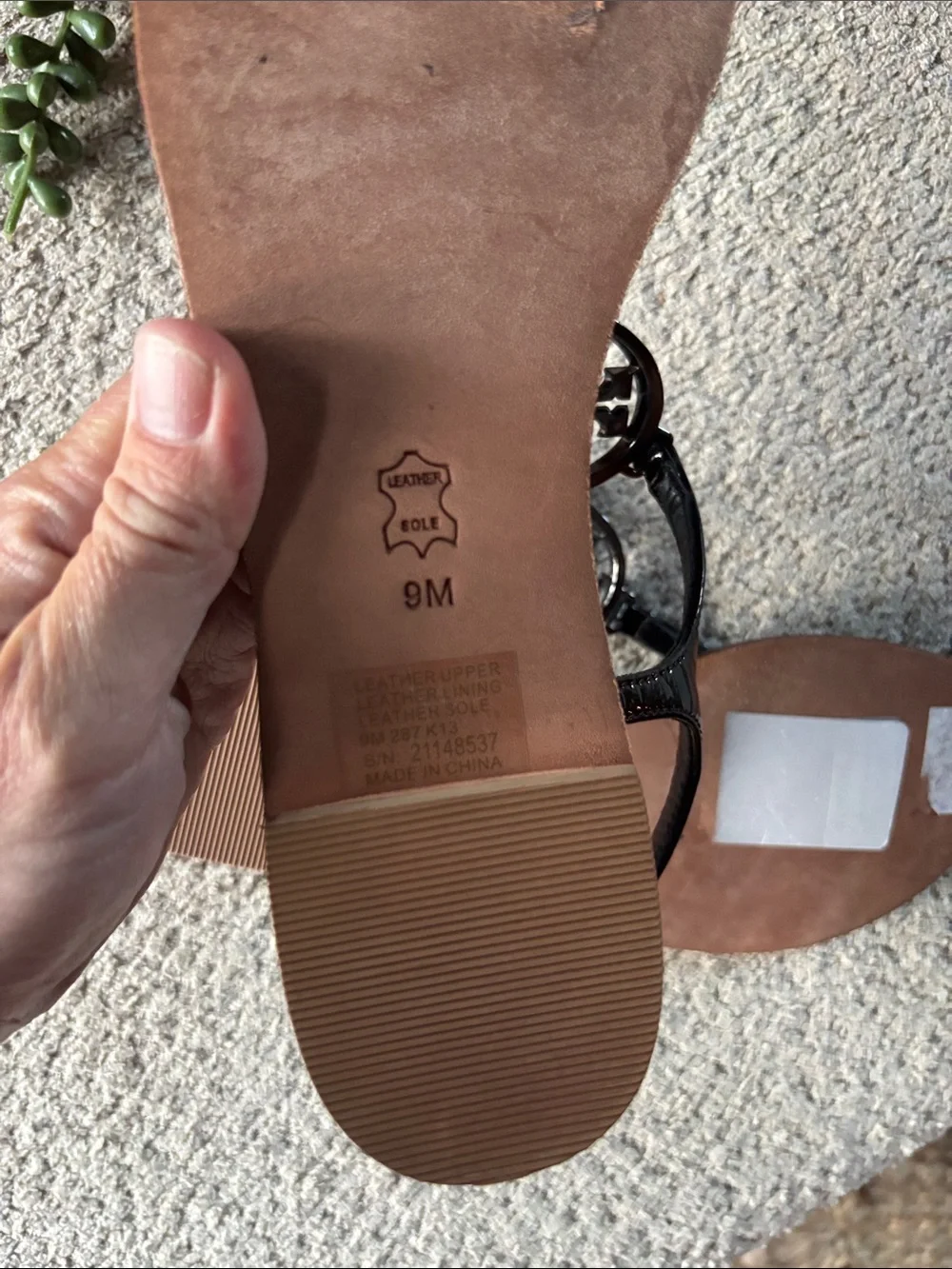 Tory Burch Black Patent Miller Thong Sandals with Brown Leather Footbed